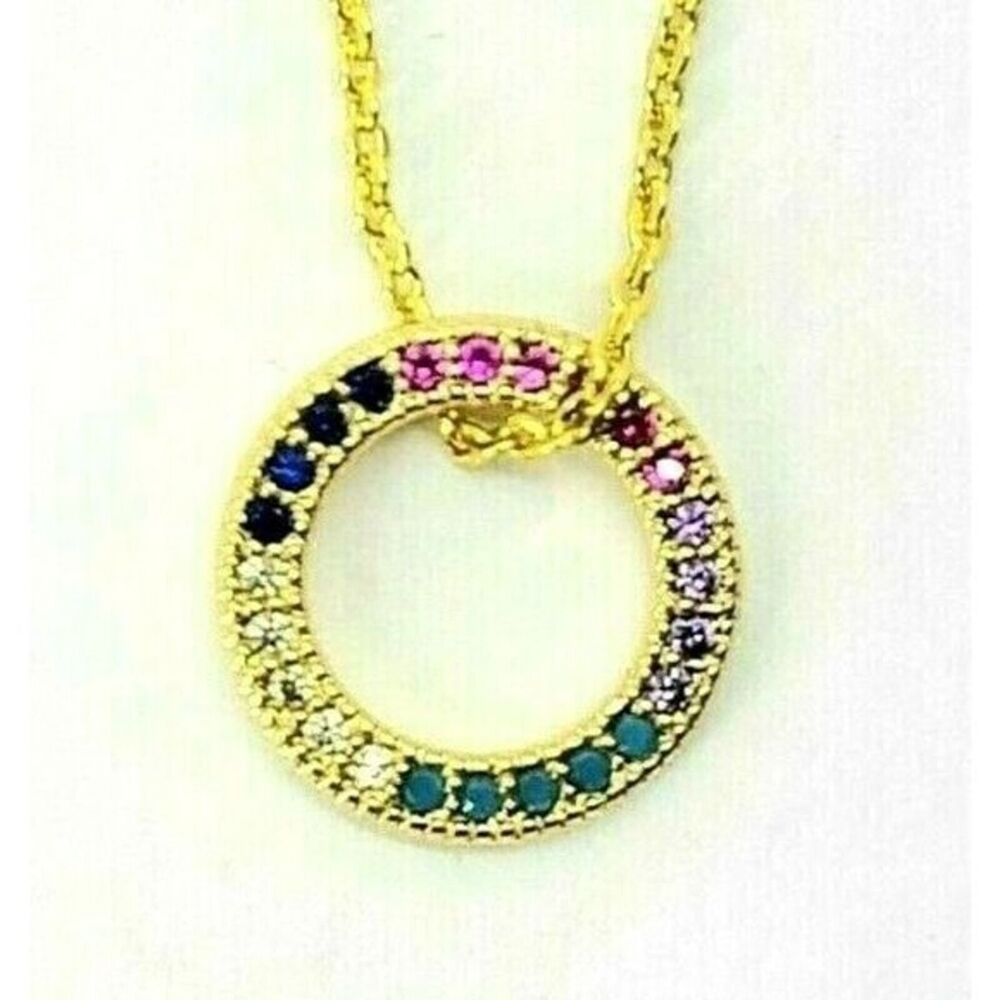 Gold-Plated Necklace Circle, Multicolor Cubic Zirconia + Cable Chain - 16 inches